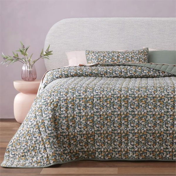 Adairs Flannelette Printed Libertine Floral Green Quilted Coverlet Separates (Green Single/Double)