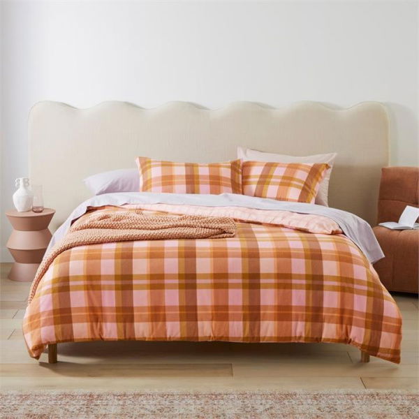 Adairs Flannelette Printed Melrose Check Spice Quilt Cover Set - Orange (Orange King)