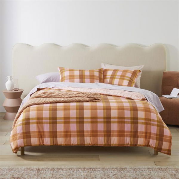 Adairs Flannelette Printed Melrose Check Spice Quilt Cover Set - Orange (Orange Queen)