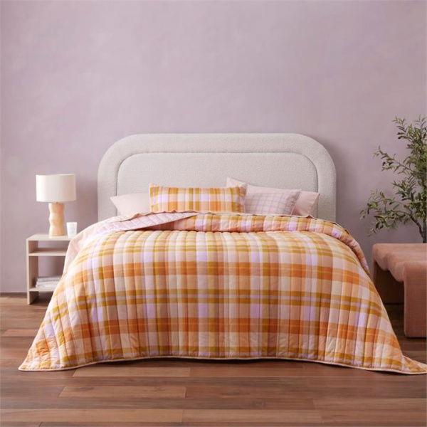 Adairs Flannelette Printed Melrose Check Spice Quilted Coverlet Separates - Orange (Orange Queen/King)