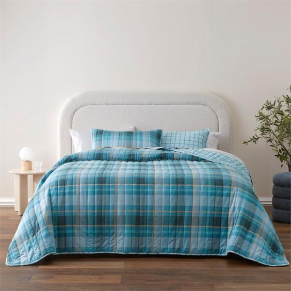 Adairs Flannelette Printed Stirling Check Blue Quilted Coverlet Separates (Blue Queen/King)