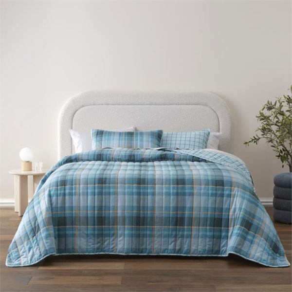 Adairs Flannelette Printed Stirling Check Blue Quilted Coverlet Separates (Blue Single/Double)