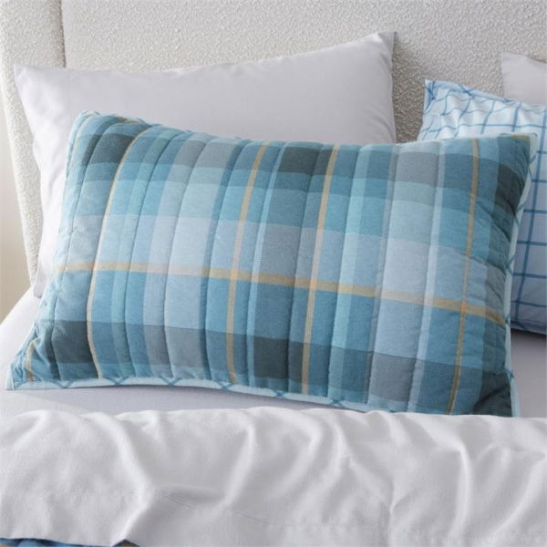 Adairs Flannelette Printed Stirling Check Blue Quilted Coverlet Separates (Blue Standard Pillowcase Pair)