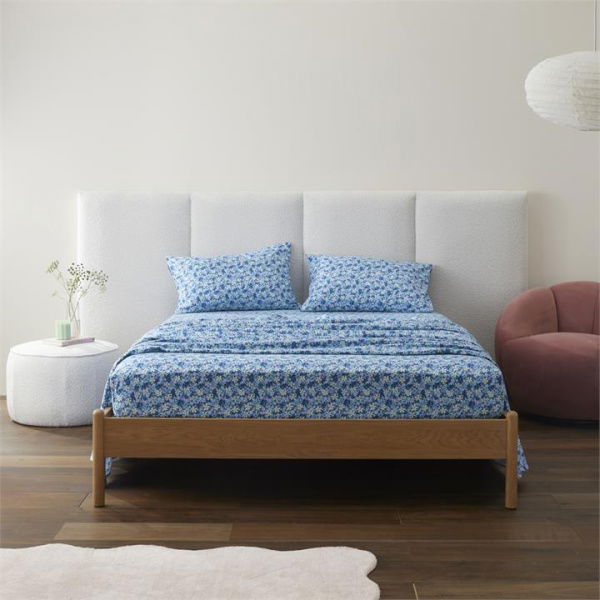 Adairs Flannelette Printed Winter Blossom Blue Sheet Set - White (White King)