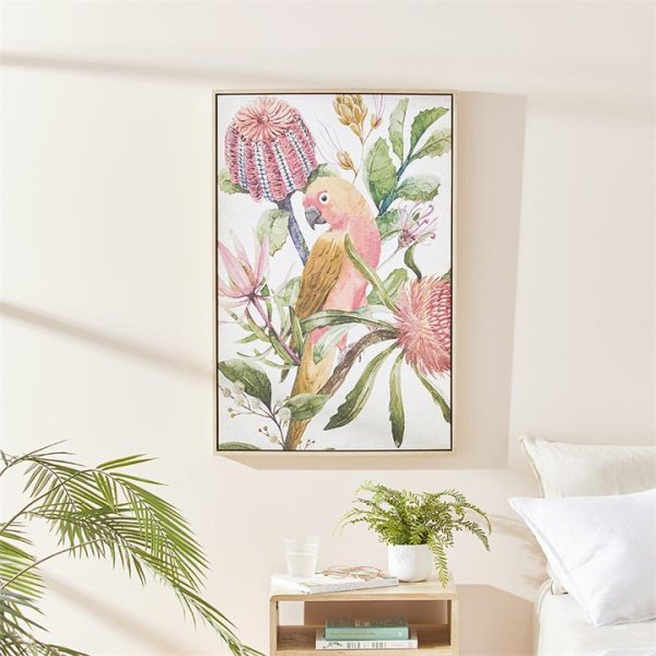 Adairs Pink Wall Art Flora & Fauna Peach Parrot Canvas Pink