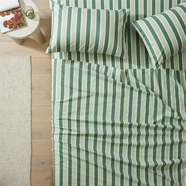 Adairs Green Double Green Stripe Printed Percale Sheet Set