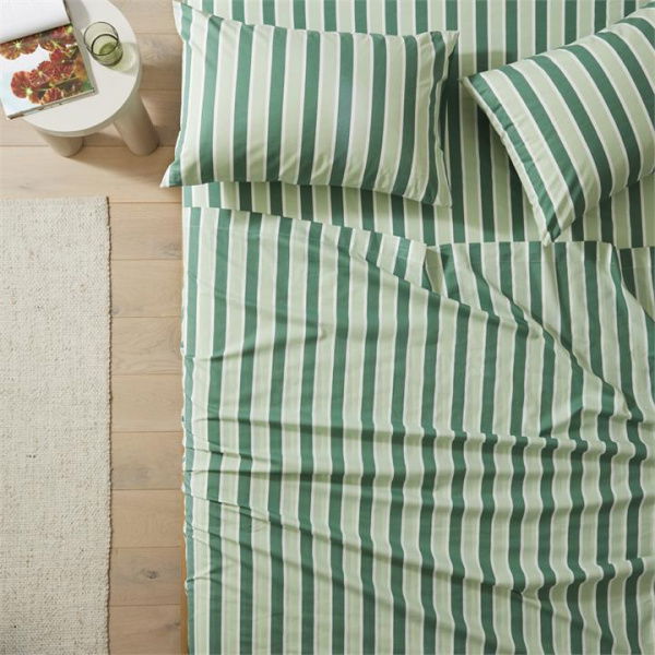 Adairs Green Stripe Printed Percale Sheet Set (Green King Single)