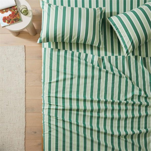 Adairs Green Queen Green Stripe Printed Percale Sheet Set