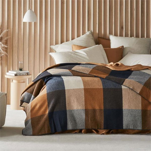 Adairs Holland Navy & Brown Wool Blanket - Blue (Blue Blanket)