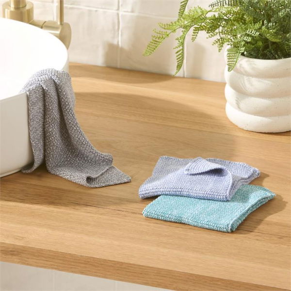 Adairs Hudson Blue, Teal & Grey Cotton Bamboo Knitted Washcloths Pack of 3 (Blue Pack of 3)