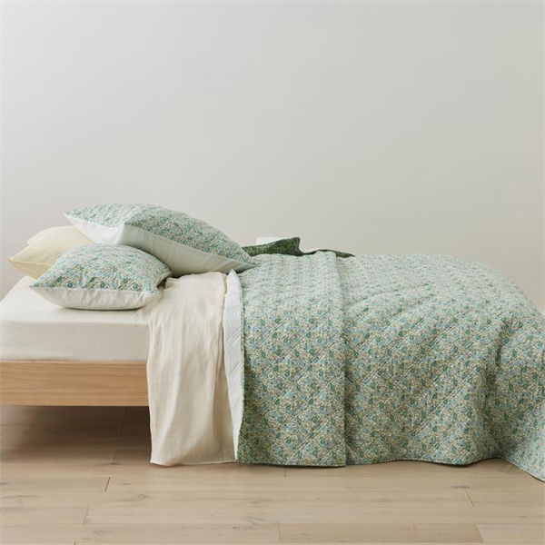 Adairs Ida Floral Printed Quilted Coverlet - Green (Green Queen/King)