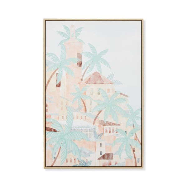 Adairs Blue Wall Art Island Village Palms Canvas Blue