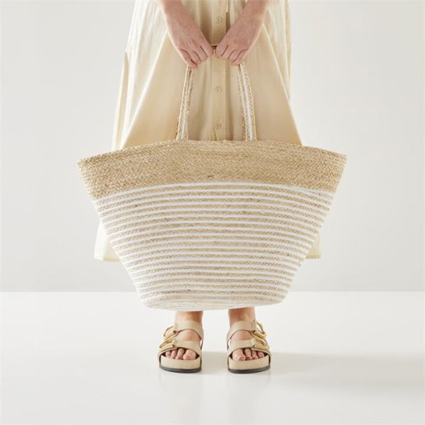 Adairs White Stripe Jute Beach Bag