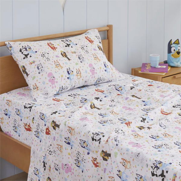 Adairs Kids BBC Bluey & Friends Organic Cotton White Sheet Set (White Queen)