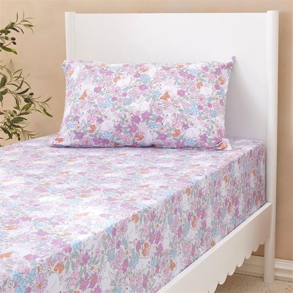 Adairs Kids Bouncing Bunnies Blush Jersey Fitted Sheet Set - Purple (Purple Cot)