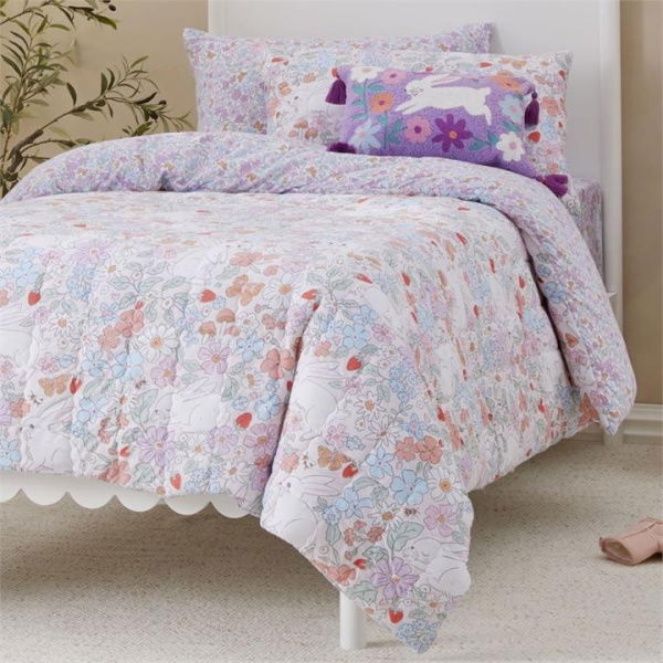 Adairs Kids Bouncing Bunnies Blush Quilted Jersey Quilt Cover Set - Purple (Purple Cot)