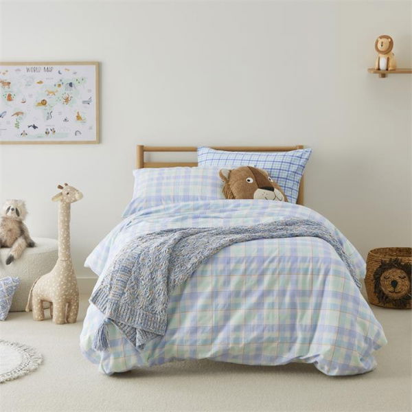 Adairs Blue Queen Kids Cameron Check Blue Quilt Cover Set