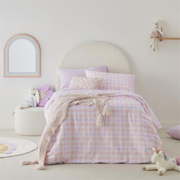 Adairs Pink Kids Cameron Check Queen Quilt Cover Set