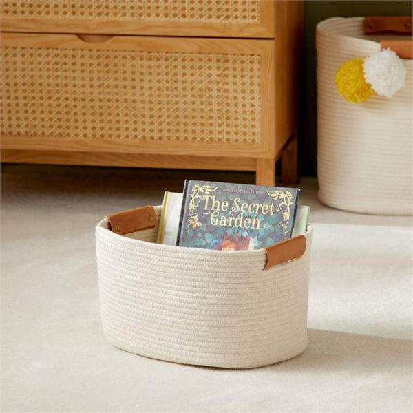 Adairs Kids Cooper Natural & Tan Medium Rectangle Storage Basket - White (White Basket)