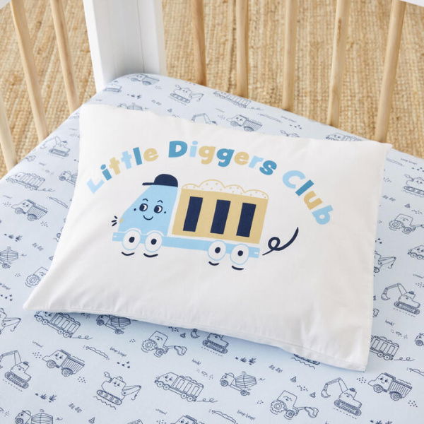 Adairs Kids Decorative Little Diggers Club Cot Text Pillowcase - White (White Cot)