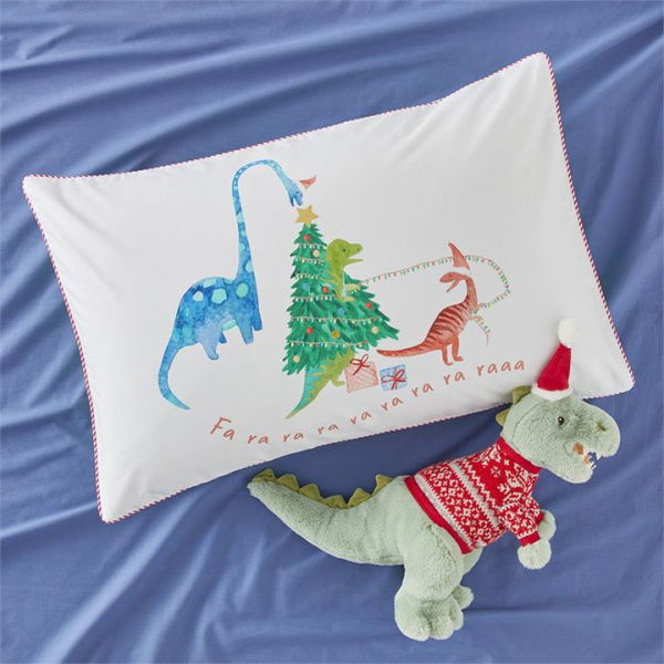 Adairs Kids Dino Carols Christmas Text Pillowcase - Green (Green Pillowcase)