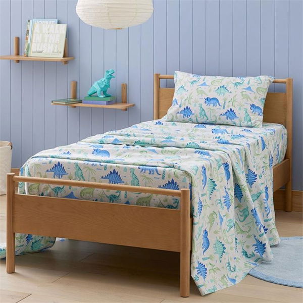 Adairs Kids Dino Play Mint Flannelette Sheet Set - Blue (Blue Cot)