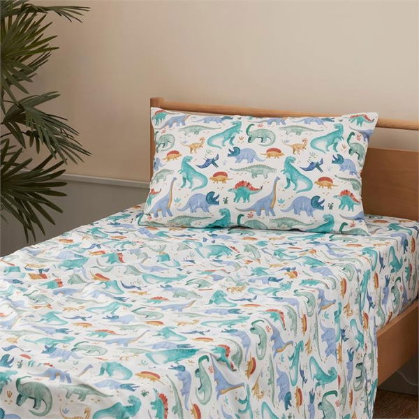 Adairs Kids Dinosaur Explore White Sheet Set - Green (Green Double)