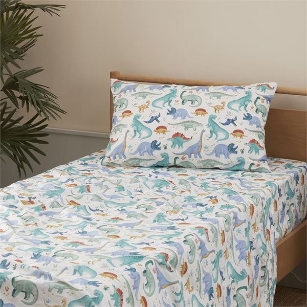 Adairs Kids Dinosaur Explore White Sheet Set - Green (Green King Single)