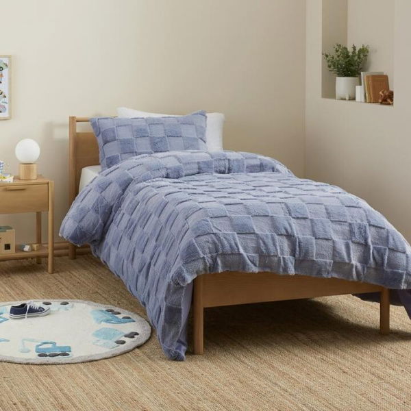 Adairs Kids Dustin Check Faux Fur Dusty Blue Quilt Cover Set (Blue Double)