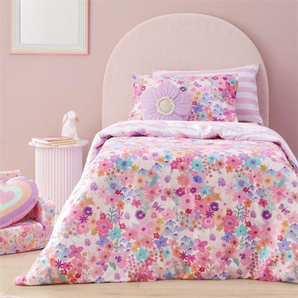 Adairs Kids Flora Multi Bright Quilted Velvet Quilt Cover Set - Pink (Pink Cot)