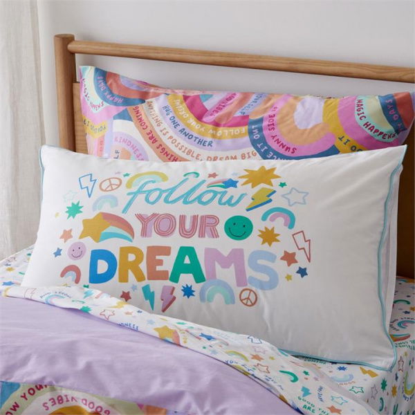 Adairs Kids Follow Your Dreams Kids Text Pillowcase - White (White Pillowcase)