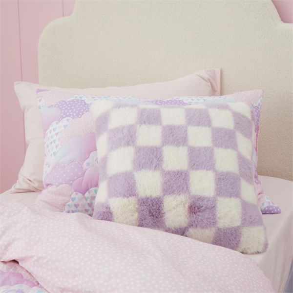 Adairs Kids Frankie Lilac Check Faux Fur Cushion - Purple (Purple Cushion)