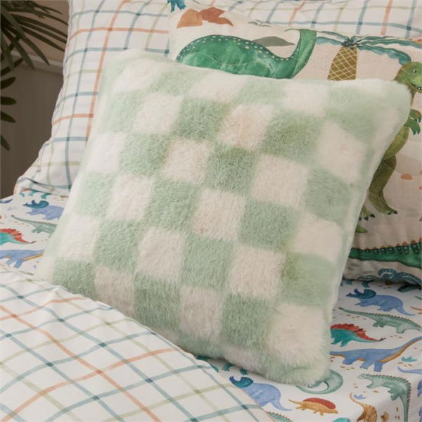 Adairs Kids Frankie Pastel Green Check Faux Fur Cushion (Green Cushion)