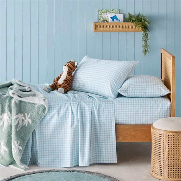 Adairs Blue King Single Kids Gingham Sky Sheet Set Blue