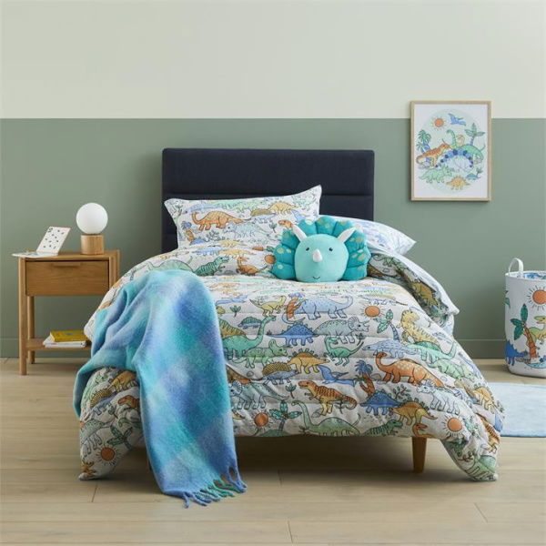 Adairs Kids Happy Little Dinos Grey Marle Quilted Jersey Quilt Cover Set - Blue (Blue Single)