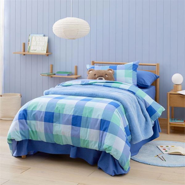 Adairs Kids Henry Check Blue Flannelette Quilt Cover Set (Blue Double)