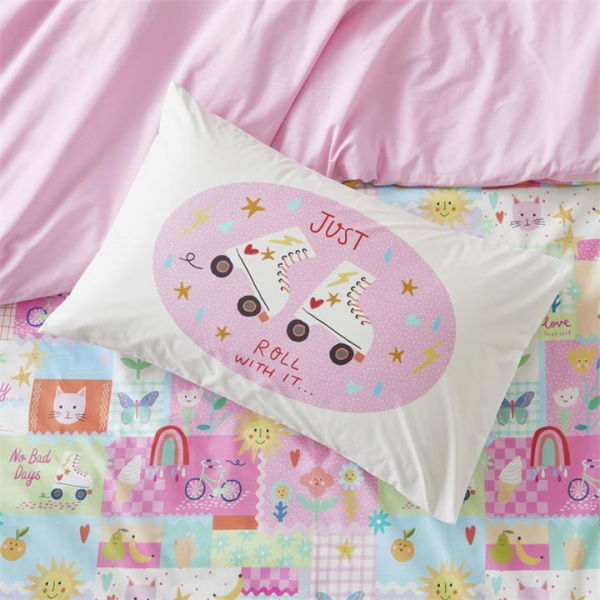 Adairs Pink Pillowcase Kids Just Roll With It Text