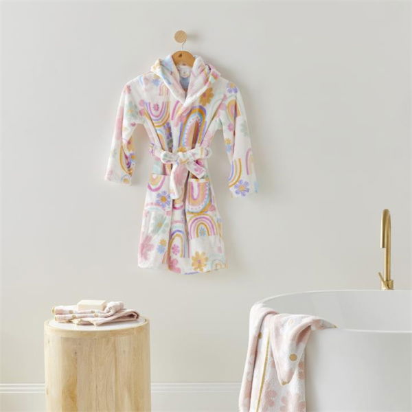 Adairs Pink MED/LRG Kids Ultra Soft Sunshine & Rainbows Pastel Dressing Gown