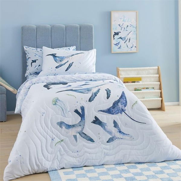 Adairs Kids Make A Splash Light Grey Quilted Quilt Cover Set - Blue (Blue Double)