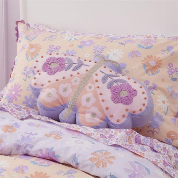 Adairs Kids Marni Butterfly Purple Textured Cotton Cushion (Purple Cushion)