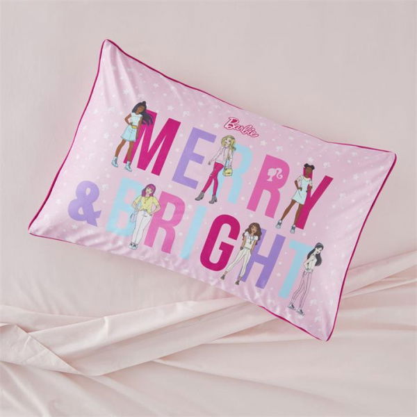 Adairs Pink Pillowcase Kids Mattel Barbie Christmas Text