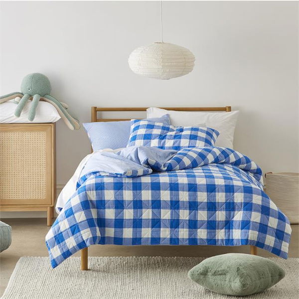 Adairs Blue Cot Kids Mickey Gingham Cobalt Quilted Quilt Cover Set Blue