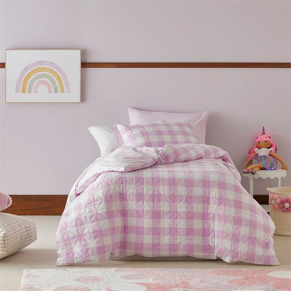 Adairs Kids Mickey Gingham Lilac Quilted Quilt Cover Set - Purple (Purple Single)