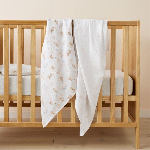 Adairs Kids Night Sky Baby Animal Cream Cotton Muslin Baby Swaddles 2pk - Natural (Natural Swaddles)