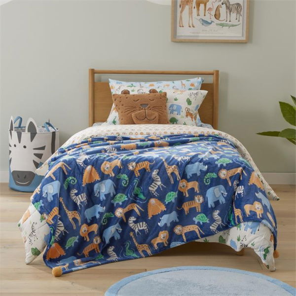 Adairs Blue Blanket Kids Novelty Jungle Adventure Ultra Soft