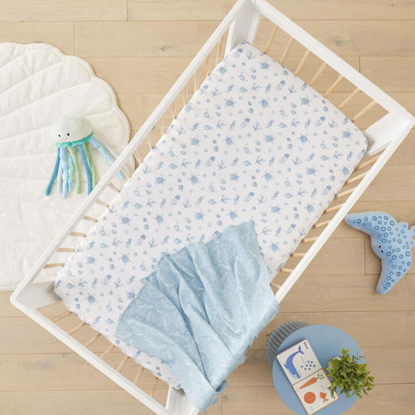 Adairs Kids Ocean Friends White & Blue Fitted Sheets Pack of 2 (Blue Cot)