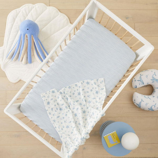 Adairs Kids Ocean Stripe White & Blue Fitted Sheets Pack of 2 (Blue Bassinet)