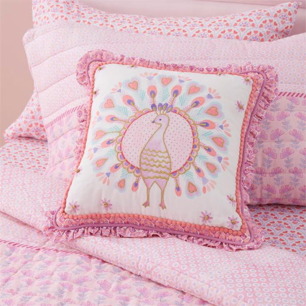 Adairs Kids Pink Peacock Textured Cotton Cushion (Pink Cushion)