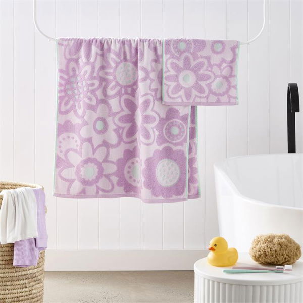 Adairs Lilac & Mint Poppy Floral Kids Towel Range Purple Bath Towel