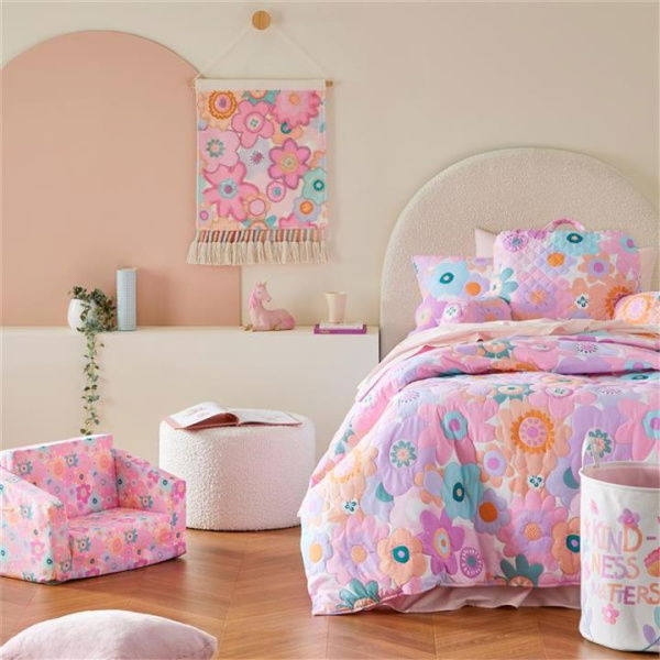 Adairs Kids Poppy Floral Quilted Bedlinen DB Multi Quilt Cover Set - Pink (Pink Double)